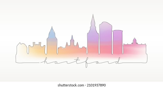 Hartford, CT, USA Skyline Watercolor City Illustration. Famous Buildings Silhouette Hand Drawn Doodle Art. Vector Landmark Sketch Drawing.