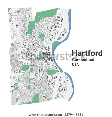 Hartford map, capital city of the USA state of Connecticut. Municipal administrative area map with buildings, rivers and roads, parks and railways. Vector illustration.