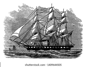 The Hartford Is A Sloop Of War Was The First Ship Of The United States Navy Named For Hartford The Capital Of Connecticut, Vintage Line Drawing Or Engraving Illustration.