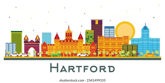 Hartford USA Stadt Skyline mit Color Buildings einzeln auf weiß. Vektorgrafik. Business Travel and Tourism Konzept mit historischer Architektur. Hartford Stadtlandschaft mit Wahrzeichen.