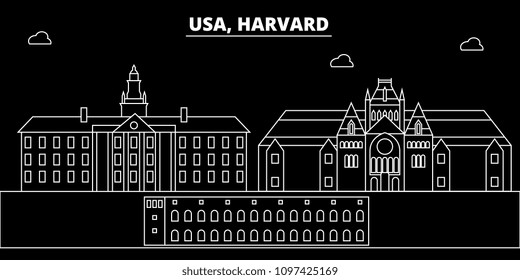 Harvard silhouette skyline. USA - Harvard vector city, american linear architecture, buildings. Harvard travel illustration, outline landmarks. USA flat icon, american line banner