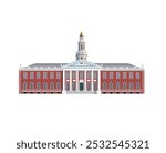 Harvard University. Old brick  educational building on white background. Vector art illustration