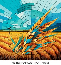 Harvest abstract composition with a big spike and a yellow wheat field against the sky. Mosaic style with circular composition.