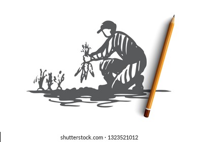 Harvest, agriculture, carrot, farmer concept. Hand drawn man harvesting carrot on field concept sketch. Isolated vector illustration.