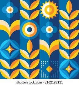 Harvest agriculture seamless pattern design. Blue and yellow colors abstract background. Decorative ornate mosaic with ukrainian motive. Geometric collage design. Vector illustration. 