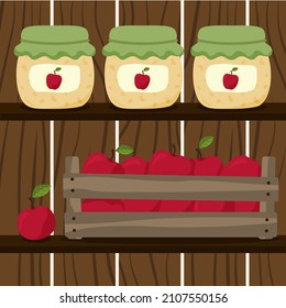 Harvest of apples in the pantry. Apple jam, box, red apple. Pantry, cellar with jam on the shelves