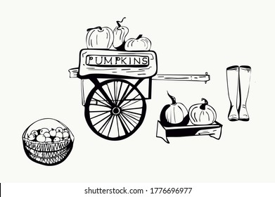 Harvest Autumn ink graphic.Wooden cart with pumpkins.A box of squashes and a wicker basket full of apples.Rubber boots.Hand drawn vector illustration in engraving style.Product packaging,labels.Farm