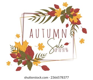 Harvest autumn leaves frame template with lettering. Vector llustration with place for text, photo. Thanksgiving Design element for sale, card, web, background, invitation, banner and flyers.	
