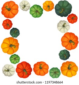 Harvest, autumn, thanksgiving, halloween vector design. Multicolored pumpkin square frame with white background. 