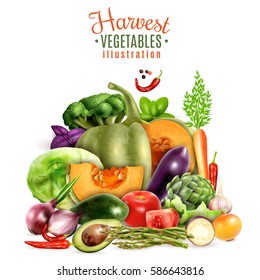 Harvest of autumn vegetables design concept with colorful icons of greengrocery courgette pumpkin tomato carrot garlic cabbage  realistic vector Illustration