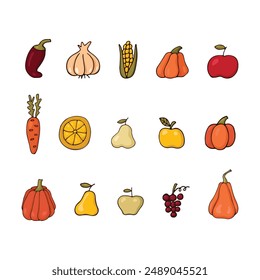 Harvest of autumn vegetables and fruits set. Autumn Harvest Day. Farm products. Healthy food. Vector illustration.