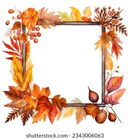 Harvest autumn wreath on white background. Watercolour illustration with place for save date, text, photo. Fall, autumn, Thanksgiving Design element for invitation, card, t-shirt pattern style.