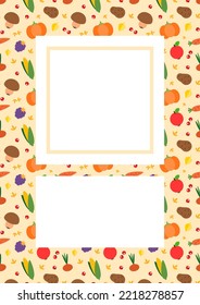 Harvest background. Autumn backdrop with vegetables, berries, autumn leaves and plants. Vector illustration 10 EPS.