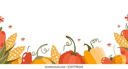 Harvest background banner flat. Vector Illustration for prints on t-shirts and bags, posters, postcards. Pumpkin season. Autumn thanksgiving quote.