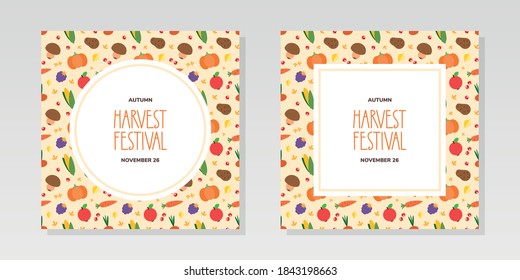 Harvest backgrounds. Set of autumn backgrounds with vegetables, berries, autumn leaves and plants. Can be used for autumn holiday invitations, greeting cards or banners. Vector illustration 10 EPS.