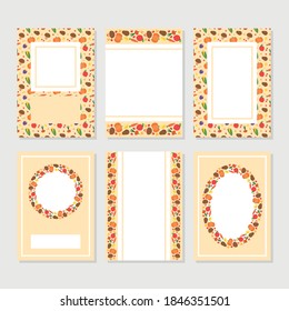 Harvest backgrounds. Set of autumn backgrounds with vegetables, berries, autumn leaves and plants. Can be used for autumn holiday invitations, greeting cards, banners or as memo pads.
