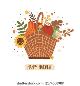 Harvest Basket With Apples, Pumpkin Mushroom Sunflower Autumn Leaves. Fall Harvest Basket Isolated On White Vector Illustration.