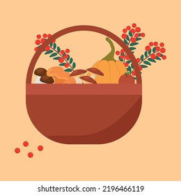 Harvest basket with apples, pumpkin mushroom rowanberry autumn leaves. Fall harvest basket isolated on white vector illustration.