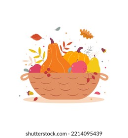 Harvest basket with apples, pumpkins, pears, autumn leaves, berries. Autumn harvest basket, isolated on a white background. Thanksgiving Day. Flat cartoon vector illustration.