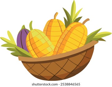 Harvest basket with corn and vegetables, bright, warm colors. For Thanksgiving designs, food-themed illustrations, educational materials