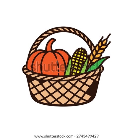 Harvest basket filled with pumpkin, corn and wheat, evoking a sense of autumn abundance and seasonal celebration