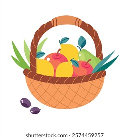 Harvest in Basket with Ripe Agricultural Crop Vector Illustration