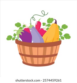 Harvest in Basket with Ripe Agricultural Crop Vector Illustration