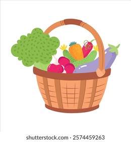 Harvest in Basket with Ripe Agricultural Crop Vector Illustration