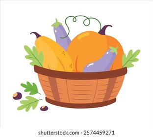 Harvest in Basket with Ripe Agricultural Crop Vector Illustration