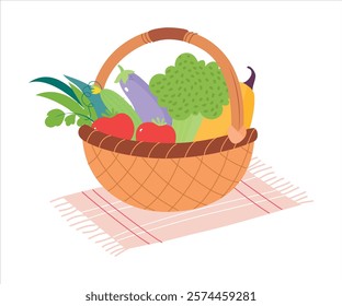 Harvest in Basket with Ripe Agricultural Crop Vector Illustration