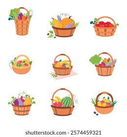 Harvest in Basket with Ripe Agricultural Crop Vector Set