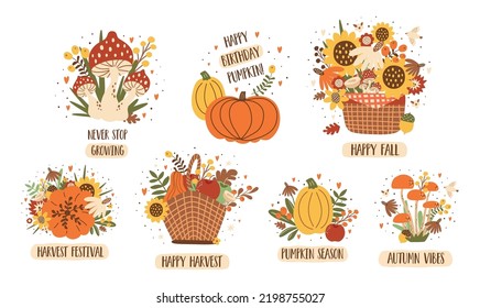 Harvest basket set. Autumn basket with vegetables, fall bouquet, mushroom, sunflower. Autumn harvest decorative elements isolated. Hand drawn floral vector illustration. Fall bouquets. Pumpkin season.