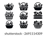 Harvest baskets icon set. Vector black symbols of fruits and vegetables glyph illustrations