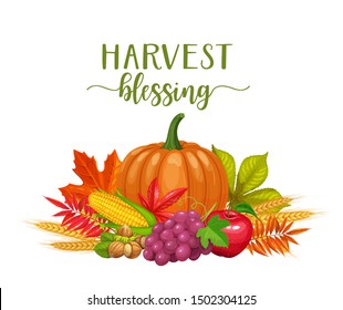 Harvest blessing card. Seasonal fall banner with autumn foliage of maple, oak, chestnut, nuts and pumpkin. Vector illustration of grapes, apple, corn and wheat.