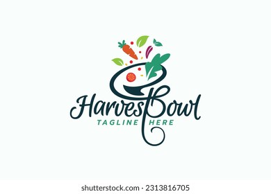 harvest bowl logo with a combination of beautiful lettering, a bowl, and vegetables.