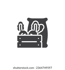 Erntekasten und Sack von Körnern Vektorsymbol. volles Flachzeichen für mobiles Konzept und Webdesign. Holzkiste mit Gemüsesymbol. Symbol, Logo-Abbildung. Vektorgrafik