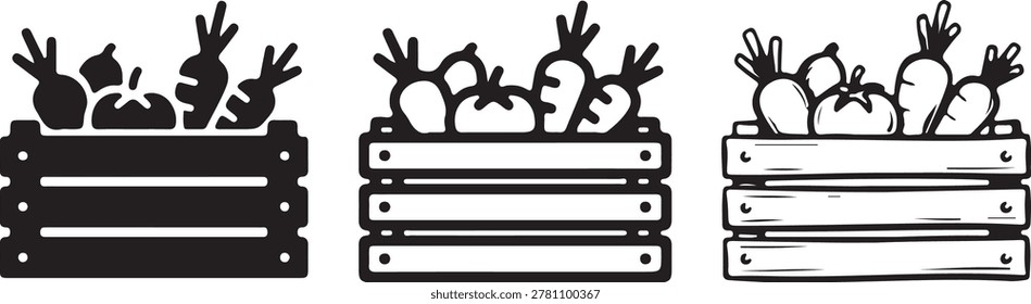 Harvest box icons featuring fresh garden vegetables in solid outline and hand drawn sketch illustrations for farming.