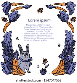 Harvest of carrots and frightened hare. Vector illustration on white background. Great for templates for articles about garden pests. Social media square format. Multicolor doodle style. Nice frame.
