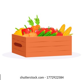 Harvest in casket semi flat RGB color vector illustration. Vegetables from farmers market. Fresh corn and tomatoes. Harvest festival. Summer crop isolated cartoon object on white background