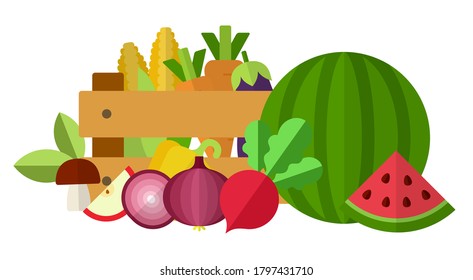 Composición de cosecha en una caja, verduras, bayas y hongos cercanos a la ilustración vectorial