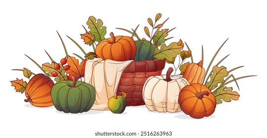 Composición de la cosecha con ilustración de calabazas y hojas de otoño. Calabazas en una cesta de mimbre. Otoño cálido, concepto de día de acción de gracias.	