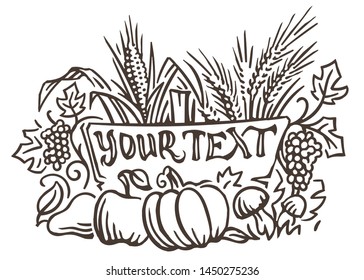 Harvest composition illustration with text template. Vector. Text is outlined and only for preview. 