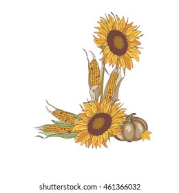 harvest corn, sunflower and pumpkin, vector illustration