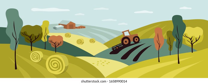 Cosecha en el campo con tractor, campo de heno y rollos de pajar. Ilustración horizontal de la naturaleza, la agricultura y el paisaje otoñales. Terreno de cultivo vectorial para banner, volante, folleto, portada.