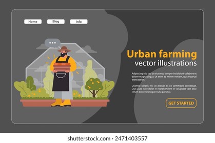 Harvest Day Delight: A proud urban farmer showcases fresh produce, with a sunlit greenhouse backdrop nurturing growth. Flat vector illustration.