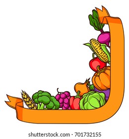Harvest decorative element. Autumn illustration with ribbon, seasonal fruits and vegetables.