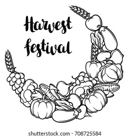 Harvest decorative element. Autumn illustration with ribbon, seasonal fruits and vegetables.