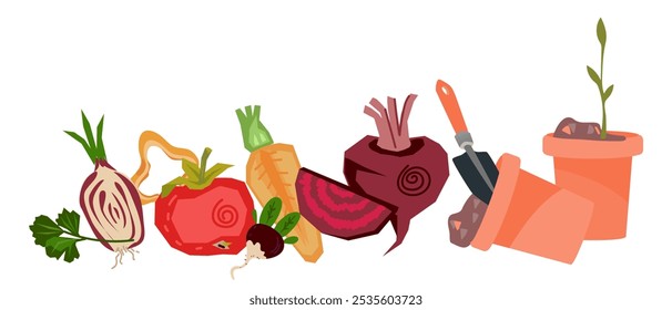 Harvest of delicious and nutritious autumn vegetables and fruits with gardening tools. Grow, harvest, and cook seasonal vegetables. Autumn harvest and gardening, flat vector illustration isolated.