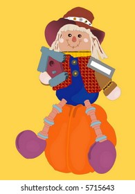 harvest doll sit on pumpkin represent fall season, halloween, harvest season, etc