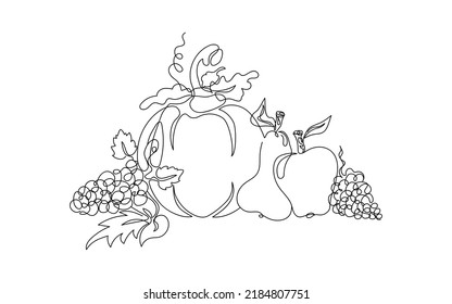 Harvest drawn by one line. Sketch. Continuous line drawing fruit and vegetables. For autumn events. Minimalist art. Vector illustration in doodle style.